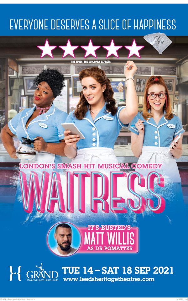 Poster for Waitress at The Grand in 2021 starring Lucie Jones, Sandra Marvin, Matt Willis