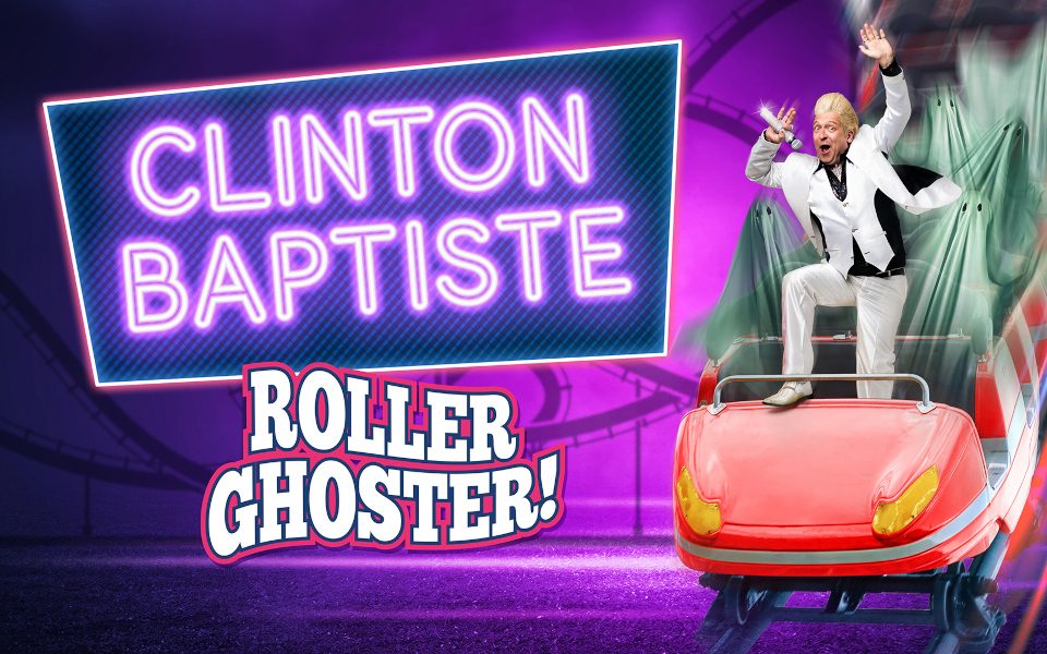 Clinton Baptiste is riding a roller coaster filled with ghosts. He's wearing an 80s suit with big hair.