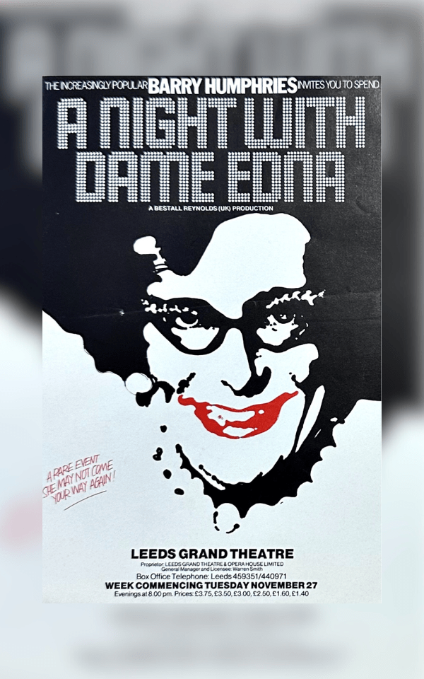 A leaflet for A Night With Dame Edna. Credit: West Yorkshire Archive Service.