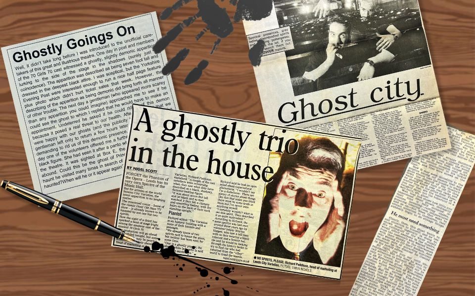 A compilation of newspaper clipping detailing paranormal events, overlayed with a pen leaking ink and a mysterious handprint.