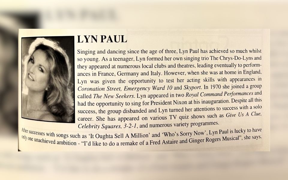 A biography clipping of Lyn Paul from a programme.