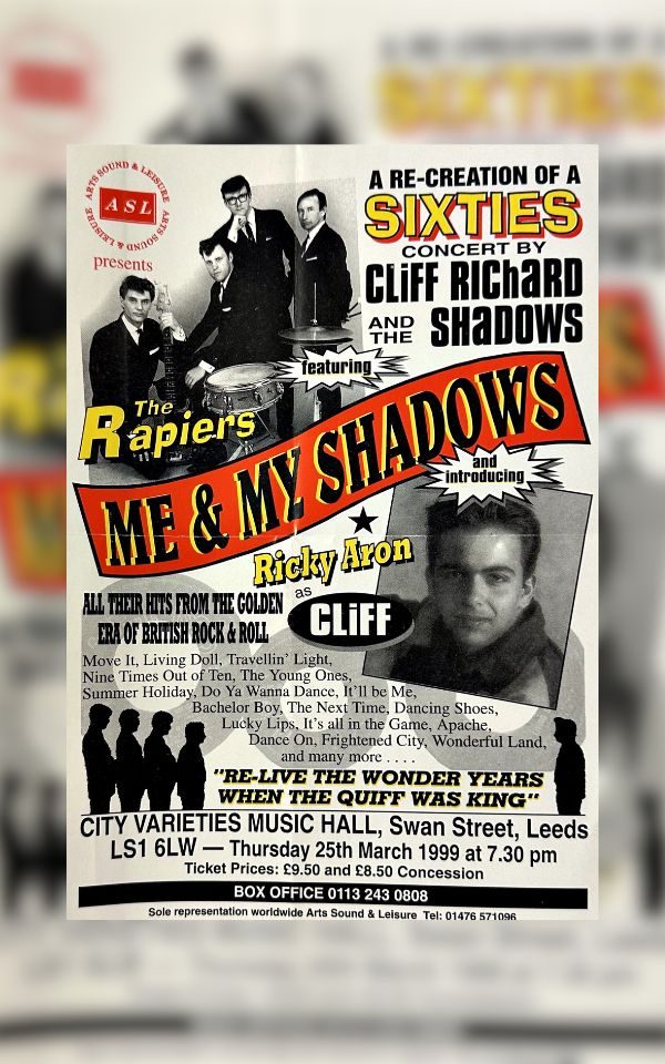 A flyer promoting a tribute act for Cliff Richard and The Shadows concert. The flyer is dated 25 March 1999.