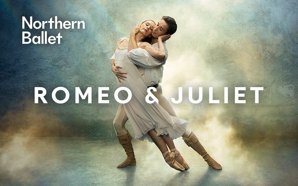 Romeo and Juliet are dancing together in a loving embrace.