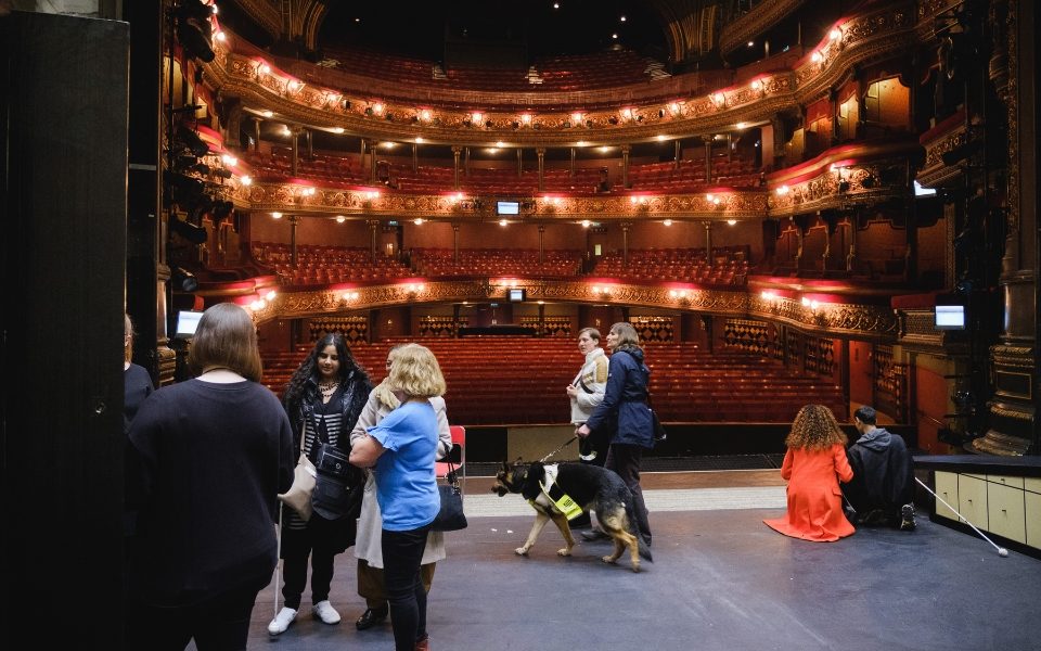 A view of the Leeds Grand Theatre auditorium from the stage. There are people with a guide dog on stage and a group doing a touch tour.