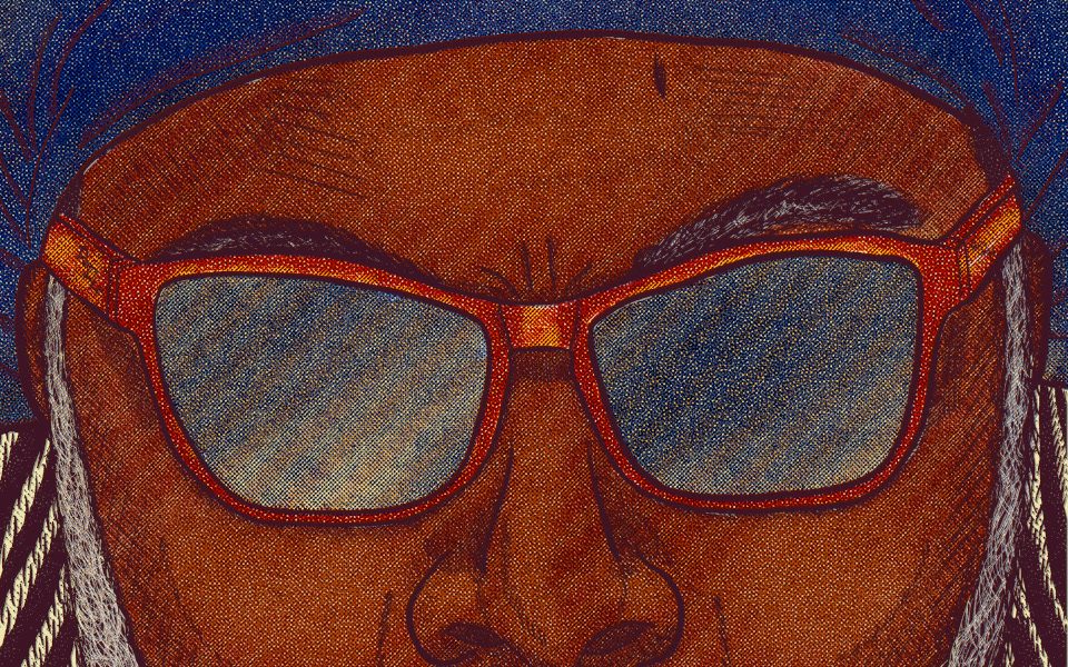 A close-up cartoon image of Reginald D Hunter. He is wearing a hat and orange sunglasses.