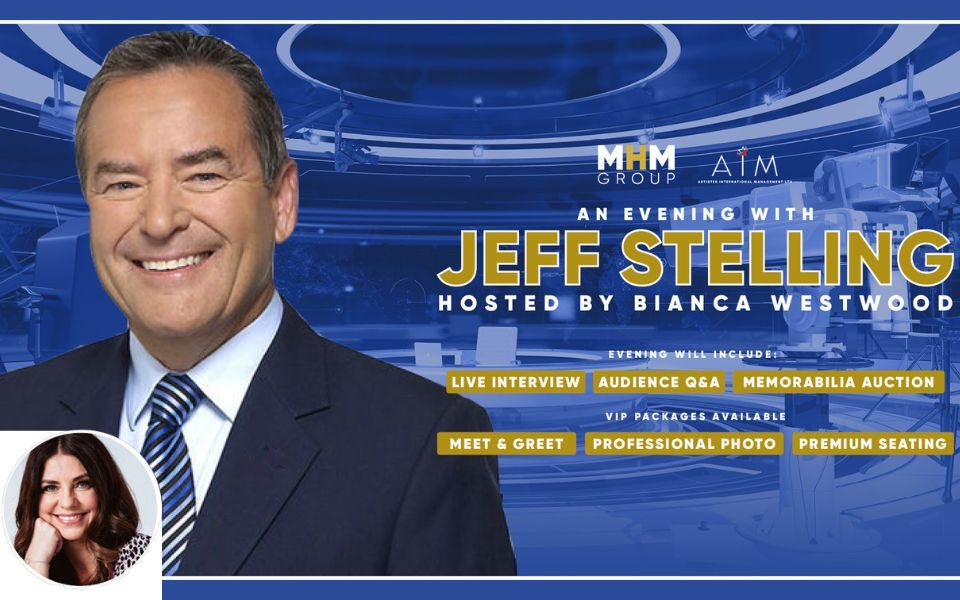 Against the backdrop of a newsroom, an image of Jeff Stelling is imposed promoting 'An Evening with Jeff Stelling', 'Hosted by Bianca Westwood' who is also imposed into the image.
