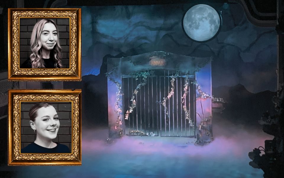 Headshots of two young people - Miri and Ellie - with a backdrop of the stage for LGYT's The Addams Family