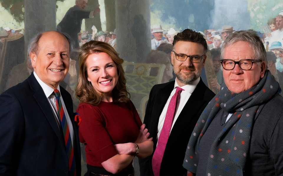 Philip Serrell, Charles Hanson, Charlie Ross and Christina Trevanion from Antiques and A Little Bit of Nonsense are standing together in front of a painting.