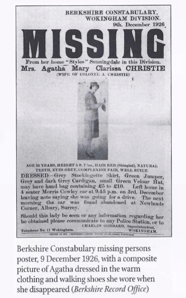 A notice from Berkshire Constabulary announcing that Agatha Christie has gone missing.