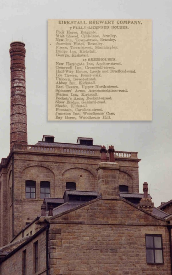 An image of Kirkstall Brewery Co. in 1997, and a list of their pubs from 1903.
