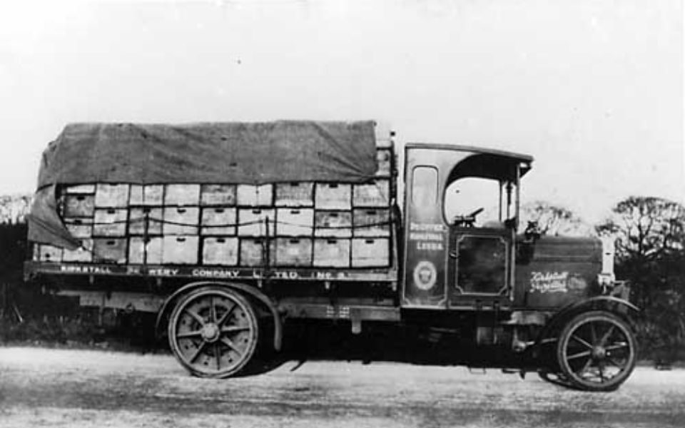 A black-and-white photograph of a delivery wagon for Kirkstall Brewery Co. Credit: Leodis, Leeds Libraries