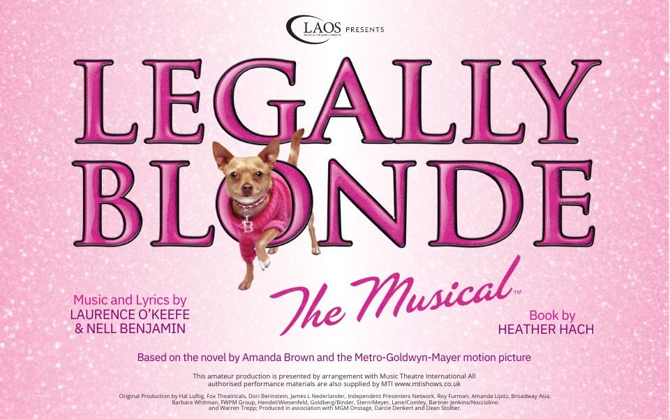 Logos for LAOS' Legally Blonde against a glittery pink backdrop.