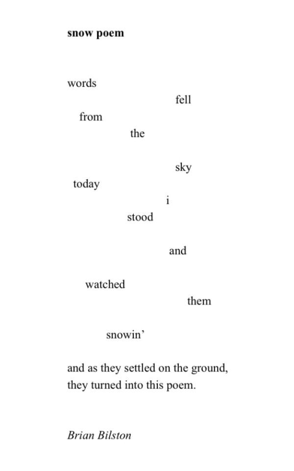 A poem by Brian Bilston written in a stylised way, as words fall to the bottom of the page like snow.