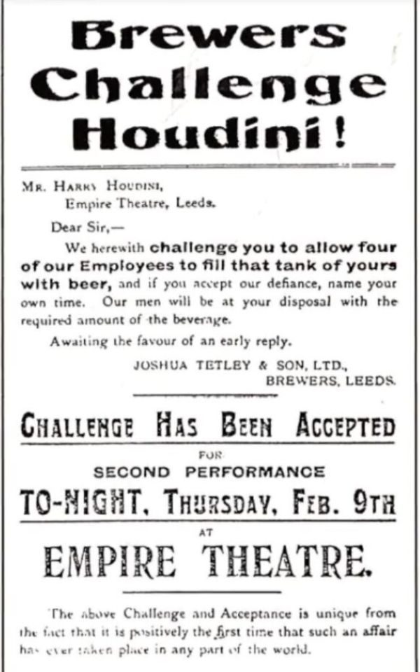 A clipping of Houdini's agreement to take part in the challenge at The Empire.