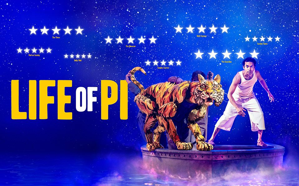 Pi and a tiger are standing in a boat. Next to the boat is the Life of Pi logo and above them are many five-star reviews.