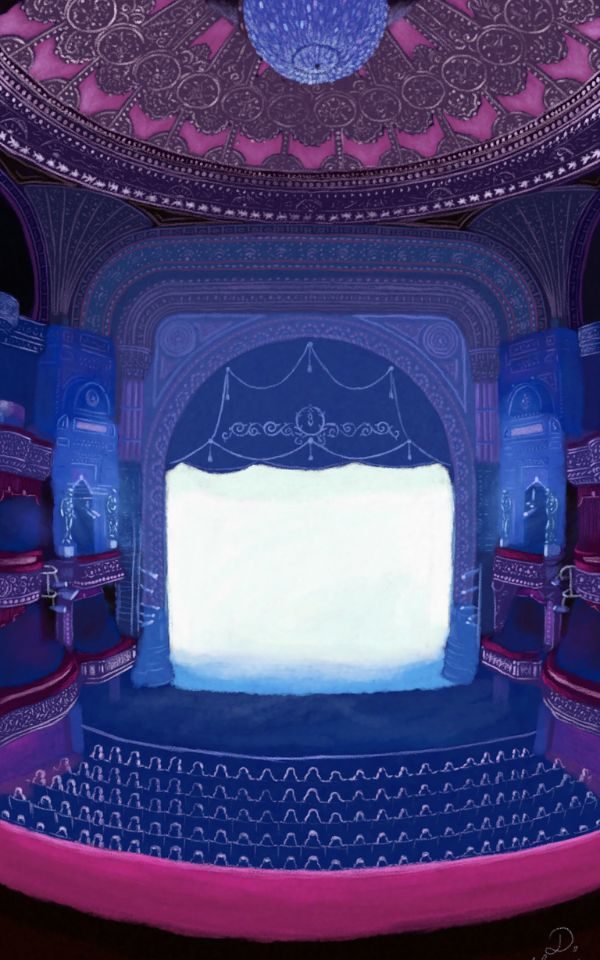 An illustration of the auditorium at The Grand, light glowing from the stage.