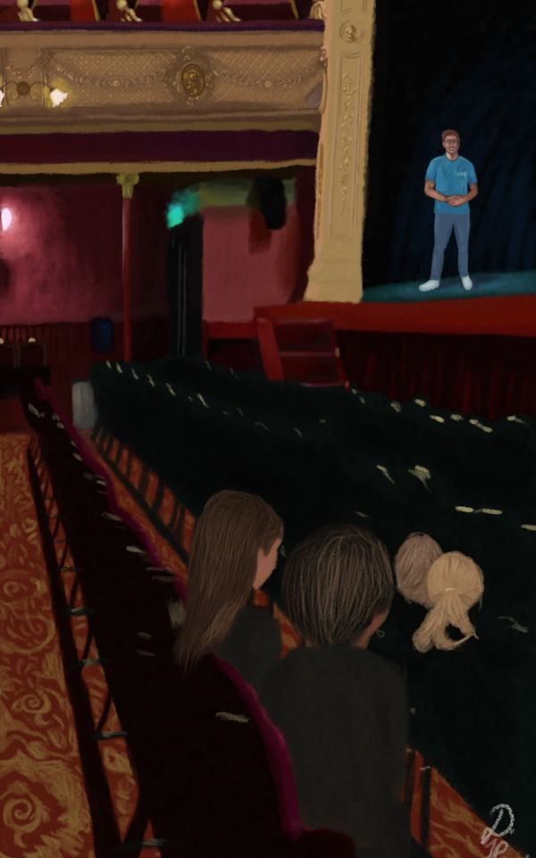 An illustration of the auditorium at The Varieties, as a member of the Learning and Engagement team speaks from the stage to students sat in the stalls.