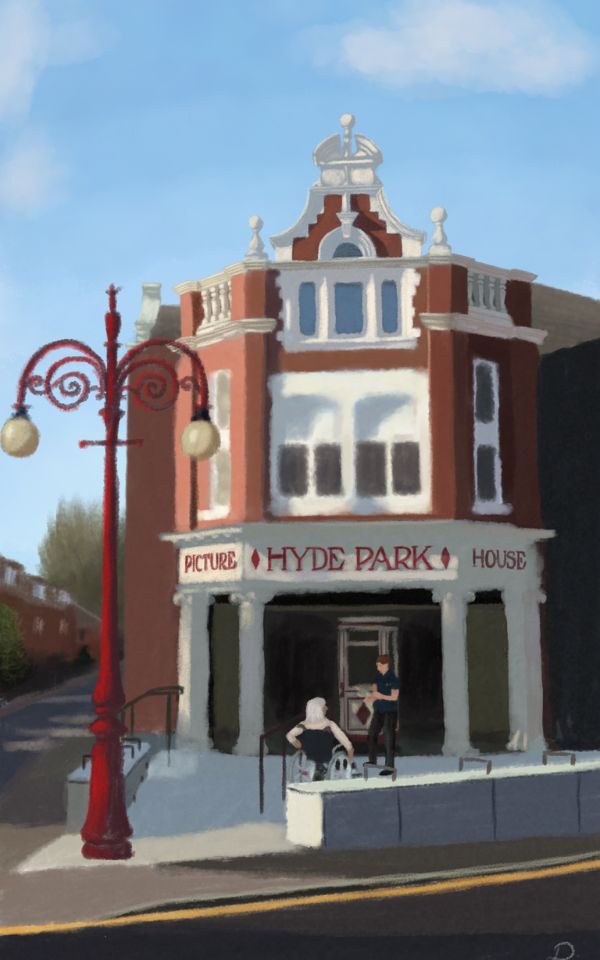 An illustration of the exterior of The Picture House in the sun, as a Front of House team member greets a customer in front of the entrance.