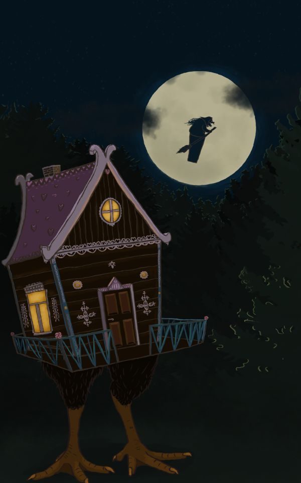 In a dark forest landscape, a house tilts on chicken legs. In front of a full moon, the silhouette of a witch breaks the light.
