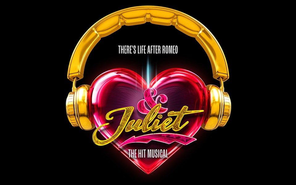 The logo graphic for &Juliet: The Hit Musical, stylised on a neon pink heart wearing headphones. A subtitle reads 'There's life after Romeo.'