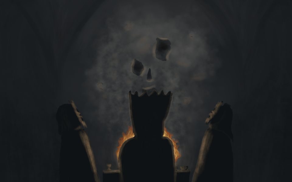 In a shadowy room, three figures gather around a fire and look up to items floating in the smoke.