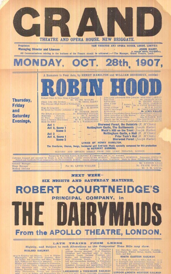 A flyer for the 1907 play production of Robin Hood at Leeds Grand Theatre. Credit: Leodis