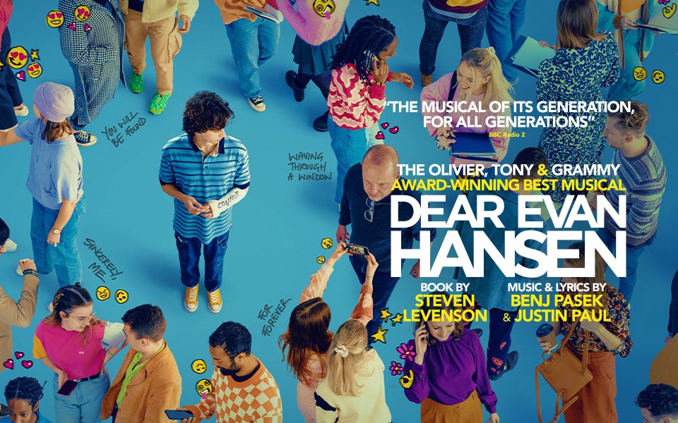 Artwork for Dear Evan Hansen. A boy with a broken arm standing alone amongst a crowd of teenagers at school talking and using their phones. There is text reading Dear Evan Hansen.