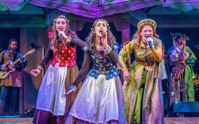 Hannah Baker (Rowena), Louisa Beadel (Regina) and Lucy Keirl (Maid Marian) Hannah Baker (Rowena), Louisa Beadel (Regina) and Lucy Keirl (Maid Marian) in Robin Hood, singing into microphones together. Credit Ant Robling