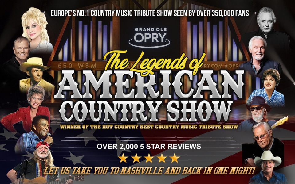 The Legends of American Country Show logo in front of the American Flag with images of country singers on the sides including Dolly Parton and Willie Nelson