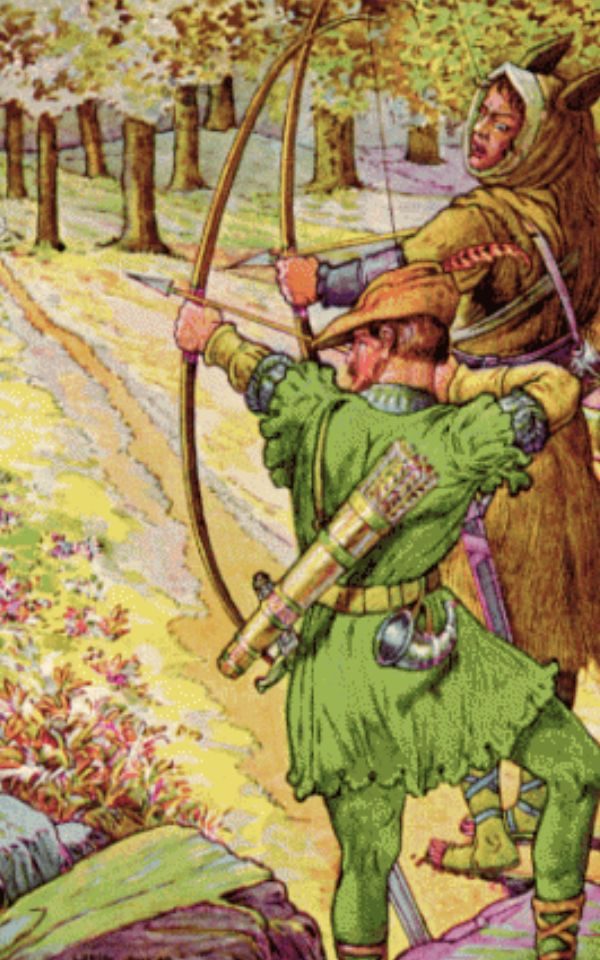 Louis Rhead's depiction of Robin shooting a bow and arrow with Sir Guy', 1912.