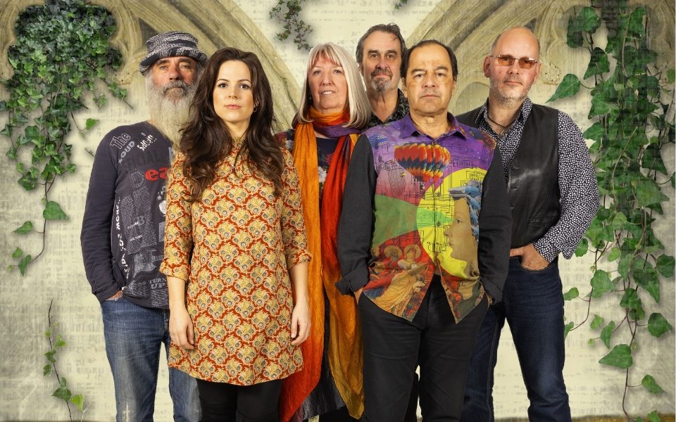 The six members of the Steeleye Span band standing and facing the camera in front of arches covered in ivy.
