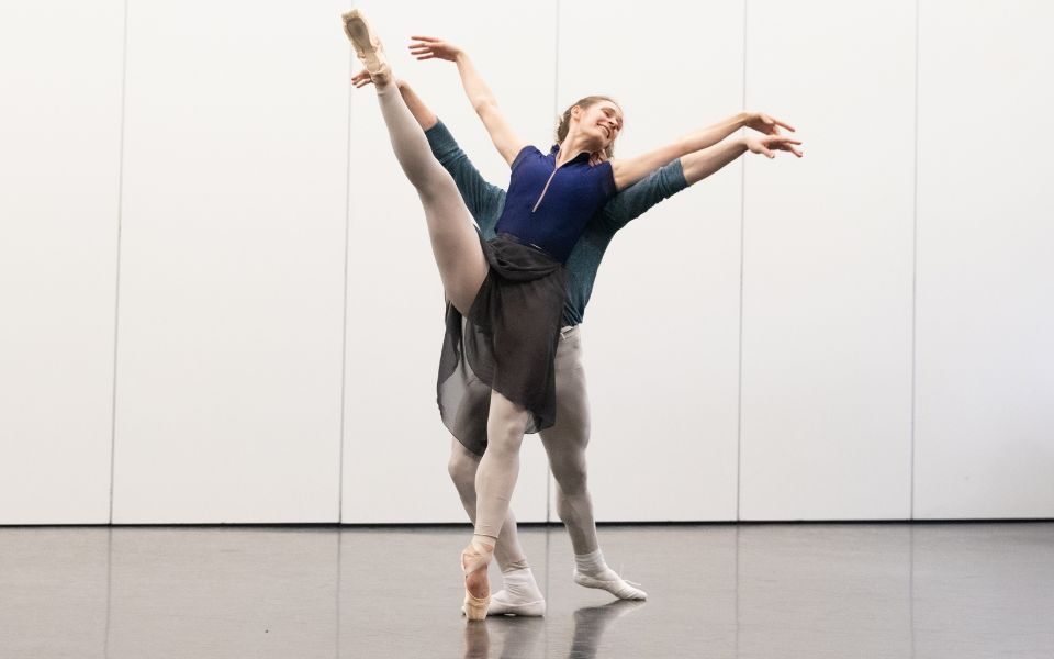Amber Lewis and Jonathan Hanks rehearsing Romeo & Juliet in a ballet studio.