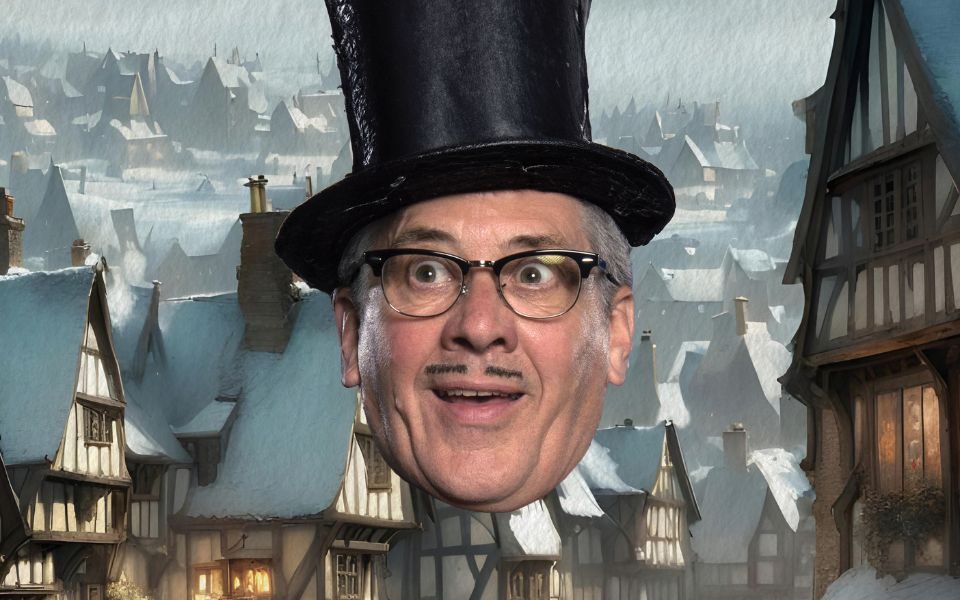 The head of Count Arthur Strong wearing a black top hat and glasses with a snowy Victorian street in the background.