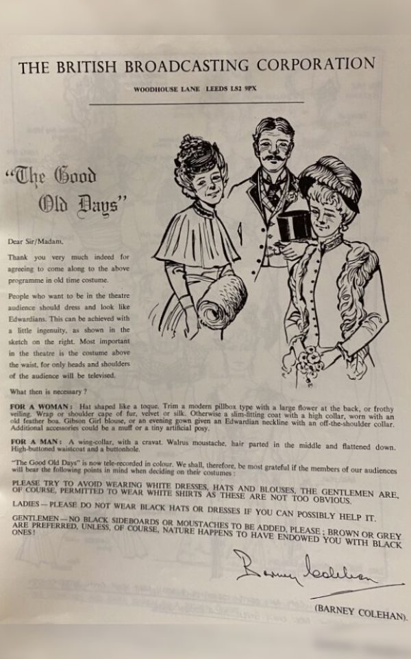 A letter providing costuming details to audience members of The Good Old Days, featuring an illustration of a group of Edwardian people.