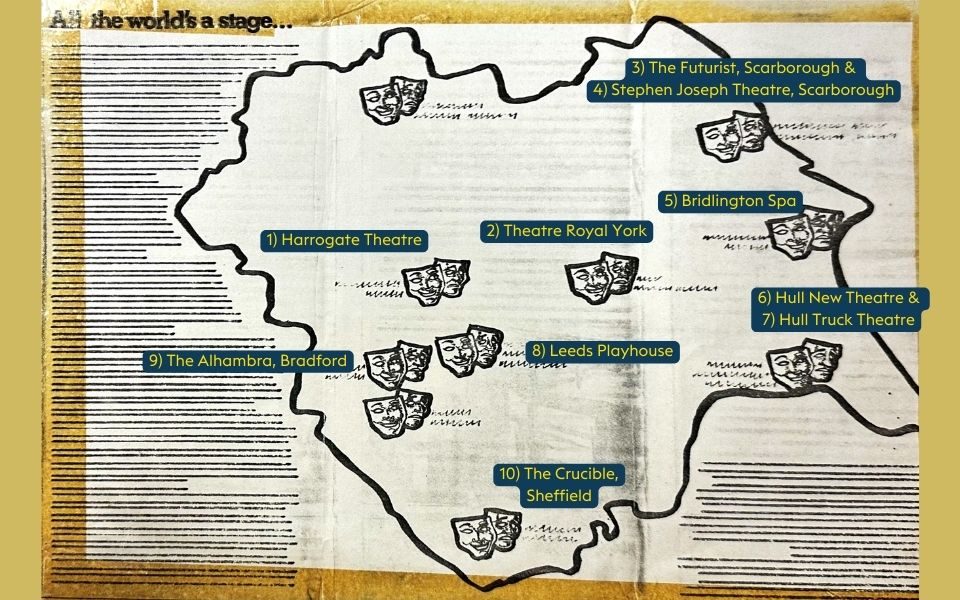 Map of Yorkshire Theatres Mock of an illustrated map of the Yorkshire theatres to appear in the Yorkshire Theatres Marketing Campaign leaflet. Each theatre is indicated by the Comedy and Tragedy masks. These include: Harrogate Theatre, Theatre Royal York, The Futurist, Scarborough, Stephen Joseph Theatre, Scarborough, Bridlington Spa, Hull New Theatre & Hull Truck Theatre, Leeds Playhouse, The Alhambra, Bradford, and The Crucible, Sheffield. Text in the top left reads: All the world's a stage.