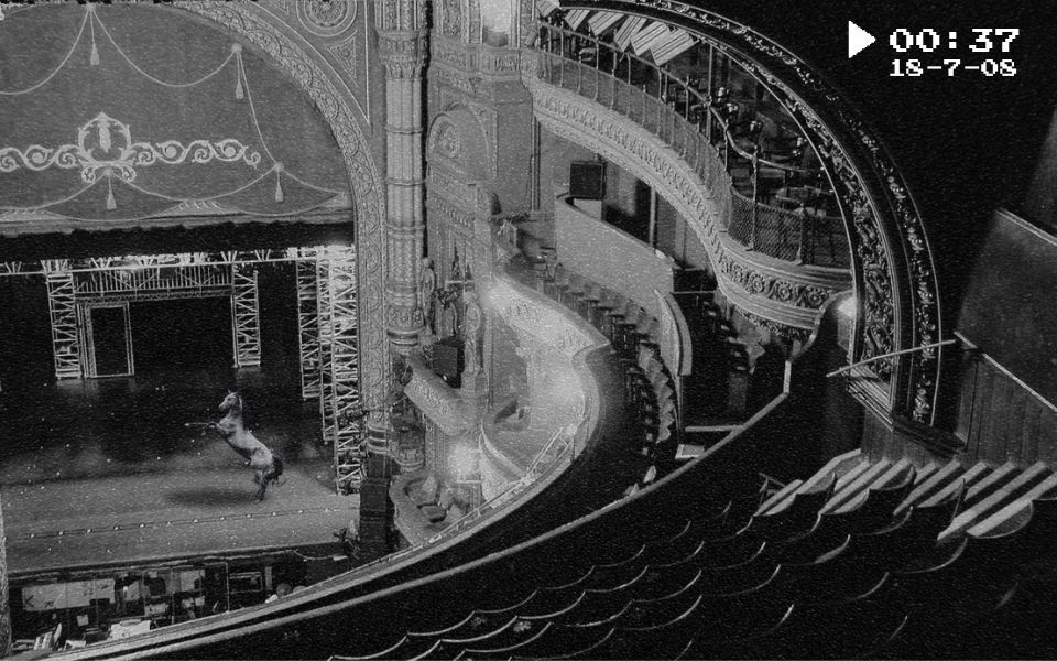 CCTV image from the balcony at The Grand showing a horse dancing on stage.