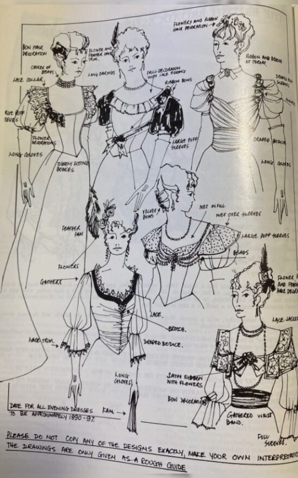 Illustrated costume sketches of Edwardian attire.