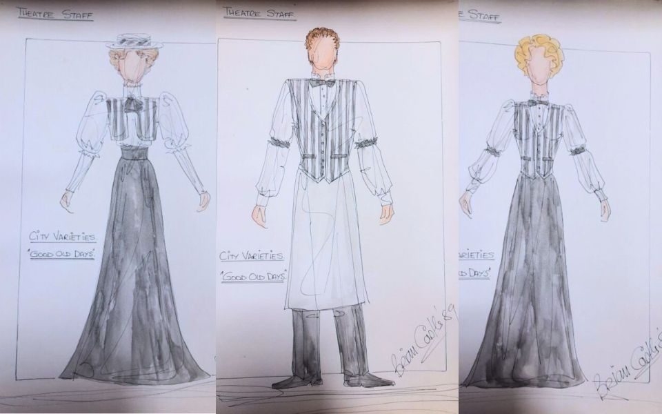 Sketches for staff members of The Good Old Days showing black and white striped costumes.
