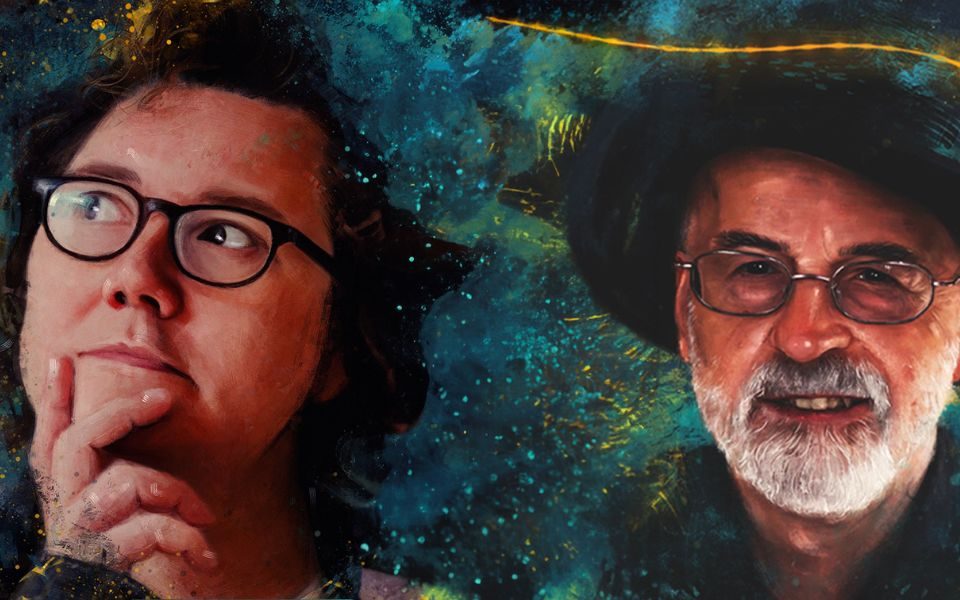 A watercolour-esque illustration of Marc Burrows pondering life with his right hand to his chin and another water colour illustration of Terry Pratchett smiling both on a galaxy background.