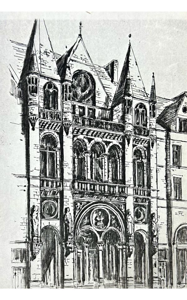 An illustration of the front of Leeds Grand Theatre in black pen by Joyce Irwin.