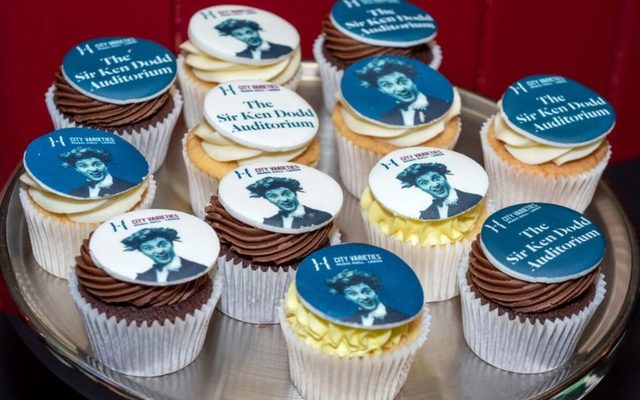 Cupcakes with images of Sir Ken Dodd and the text 'The Sir Ken Dodd Auditorium'