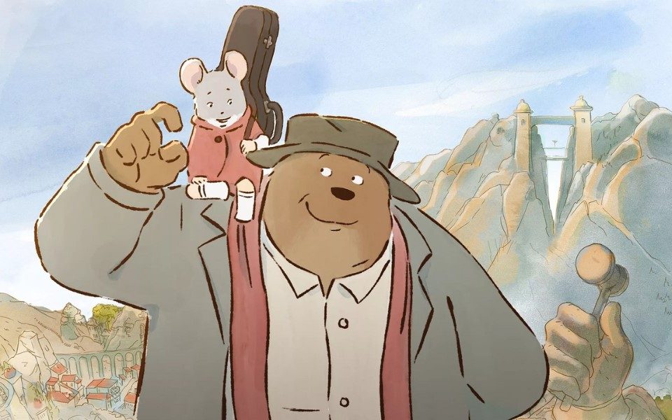 Illustrated bear Ernest in a coat and bowler hat stood in front of some mountains with young mouse Celestine on his right shoulder who has a coat on and is holding an instrument case.