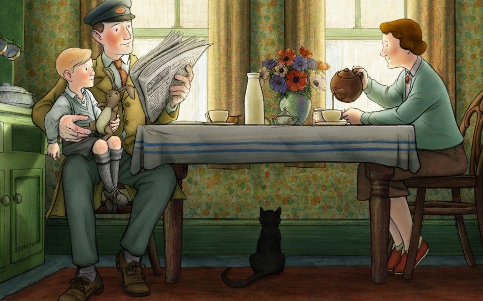 Still from Ethel and Ernest of an illustrated man and woman sat at a small dining table having cupots of tea. She's pouring from a tea pot while he is reading a newspaper with a young boy holding a toy rabbit on his lap.