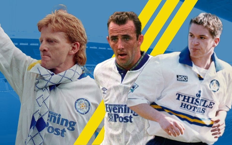 Old photos of Gordon Strachen, Gary McAllister and Andy Couzens in their Leeds United kit with Elland Road in the background.