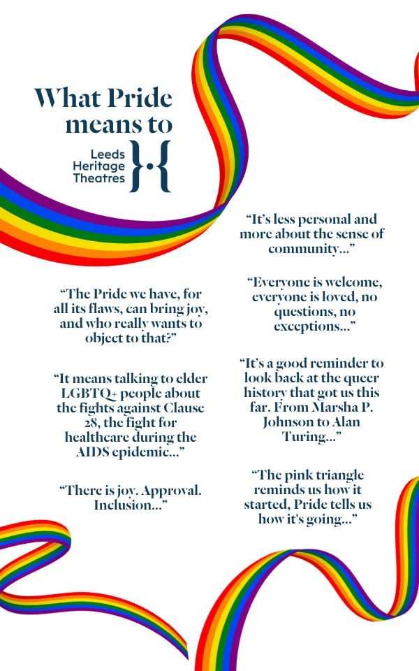 Quotes from staff at Leeds Heritage Theatres about what Pride means to them with a cartoon rainbow around them.