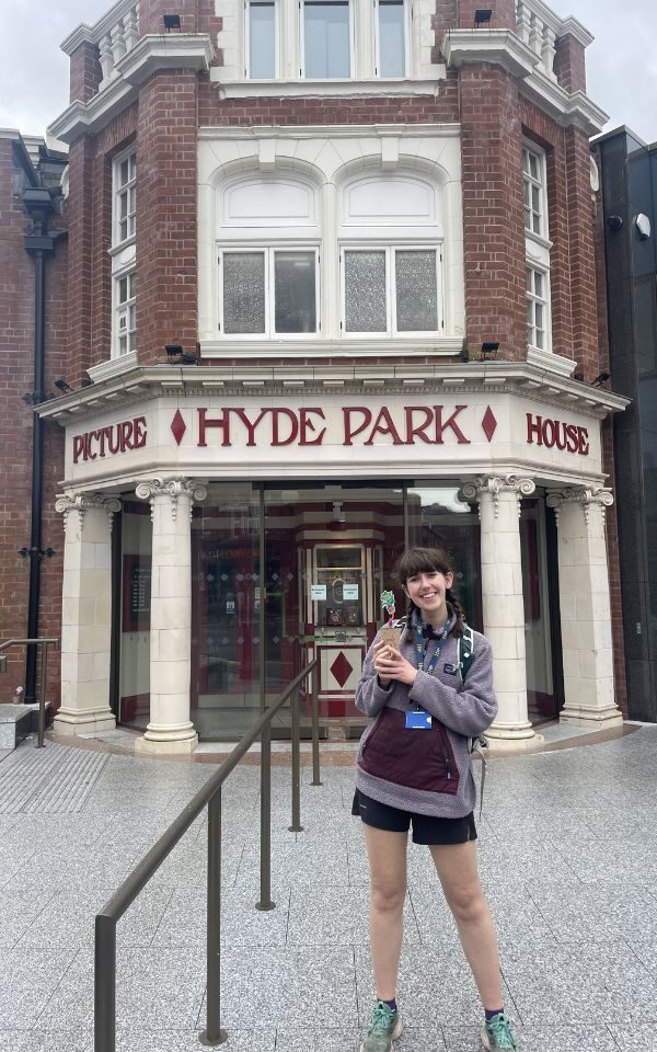 Sarah at Hyde Park Picture House holding a plantpot