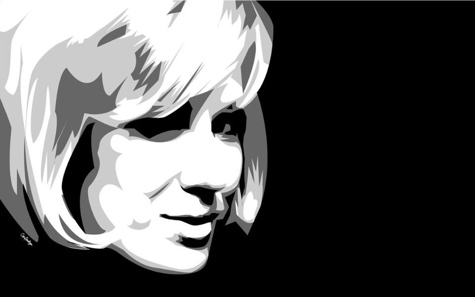 Black and white illustrated image of Dusty Springfield's head.