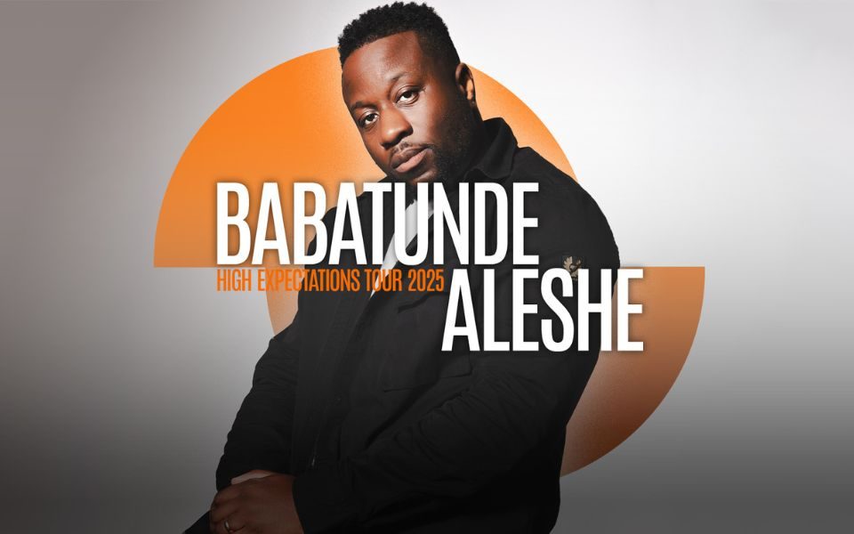 Babatunde Aleshe in a black jacket and a white t-shirt underneath looking seriously at the camera. Text reading Babatunde Aleshe High Expectations Tour 2025.