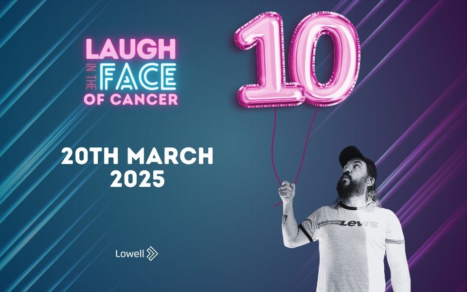 Promotional image for Laugh in the Face of Cancer featuring a man holding '10' as two balloons. Text reads Laugh in the Face of Cancer. 20th March 2025.