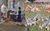 Memory Bank: Leeds Composite of two images. One of two women in a shop in Leeds in the mid-20th century and one of a large number of children in groups of 20 playing with colourful banners on poles on a green sport field.